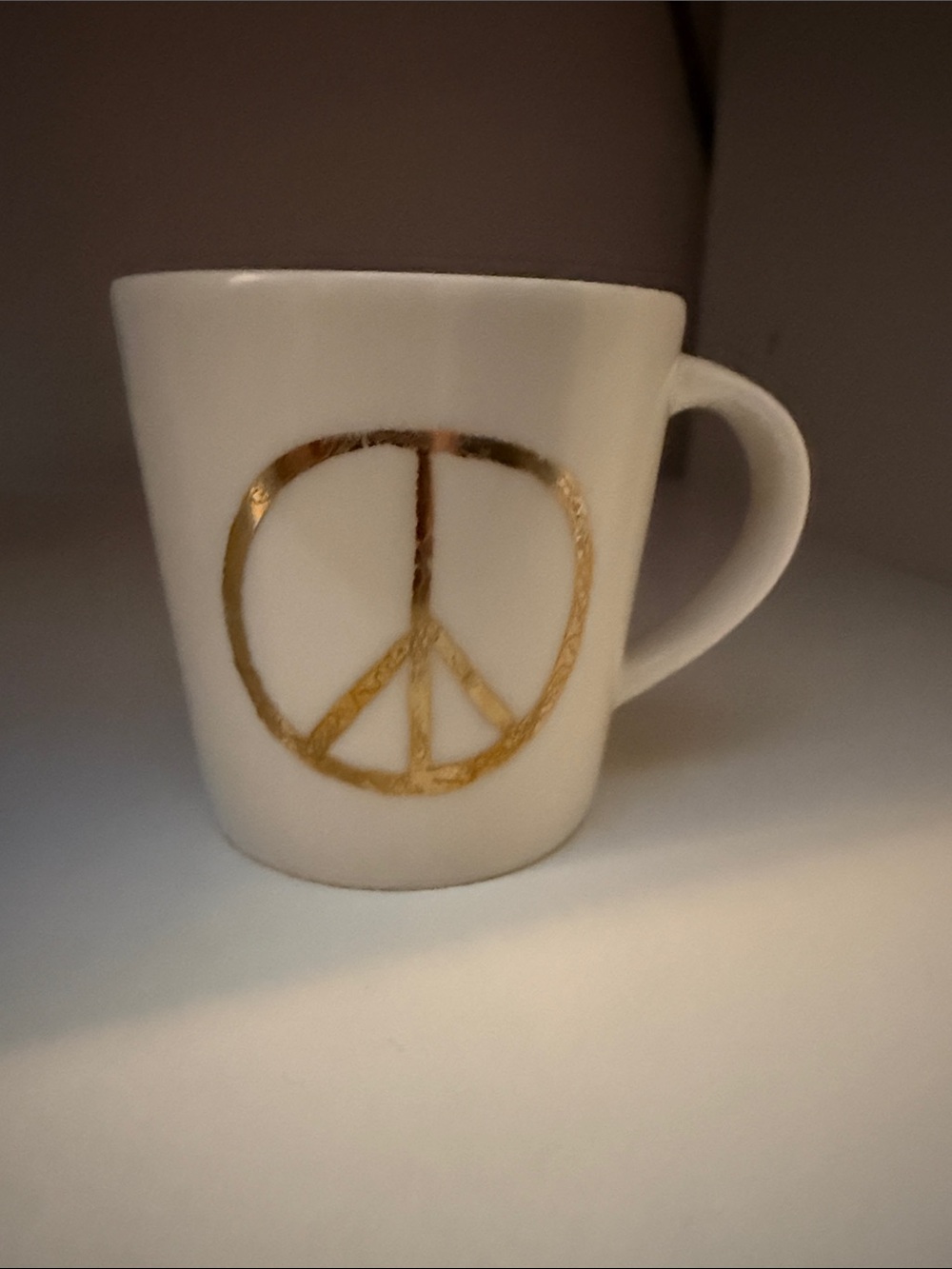 Starbucks 3oz White and Gold Ceramic Mug with Peace Sign Accent